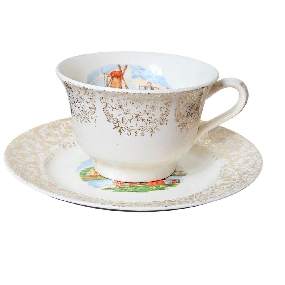 Stetson Vintage Porcelain Tea Cup Saucer Dutch Windmill Scene Gold Ornate Design